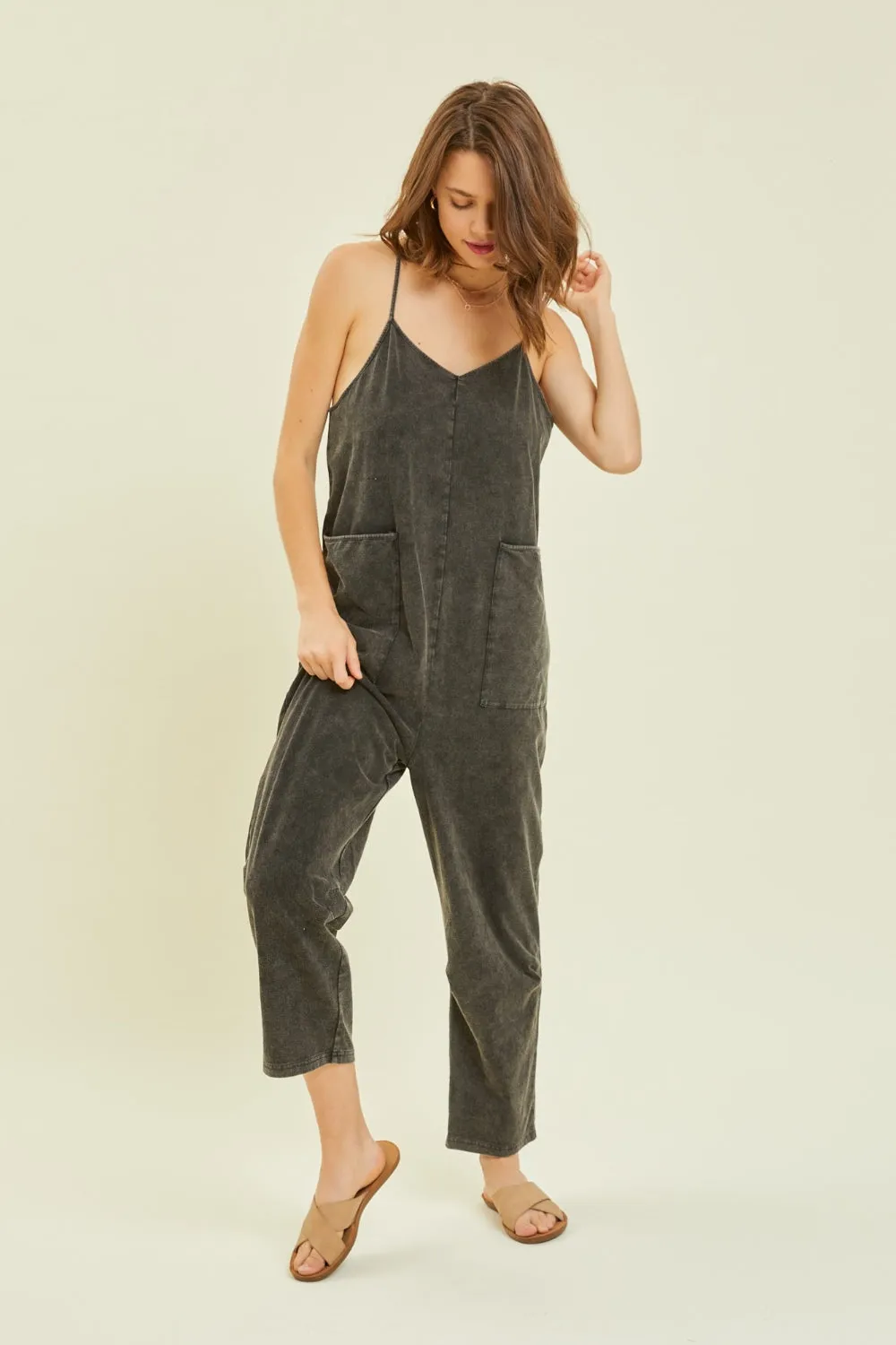 TEEK - Black Mineral-Washed Oversized Pocketed Jumpsuit