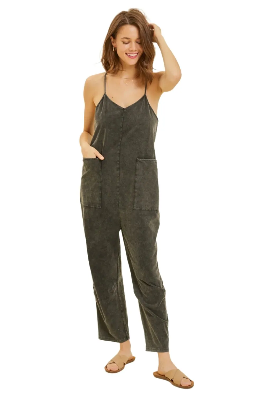 TEEK - Black Mineral-Washed Oversized Pocketed Jumpsuit