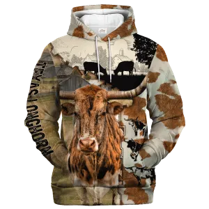 Texas Longhorn Fur Pattern On The Farm Hoodie, Texas Longhorn Hoodie