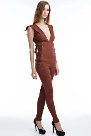 THE MYSTYLEMODE BRICK WITH DEEP SIDE LACE UP JUMPSUIT