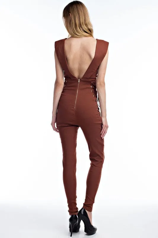 THE MYSTYLEMODE BRICK WITH DEEP SIDE LACE UP JUMPSUIT