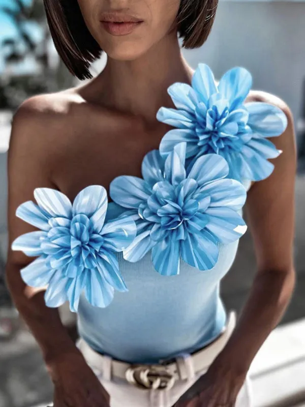 Three-dimensional flower one-shoulder top