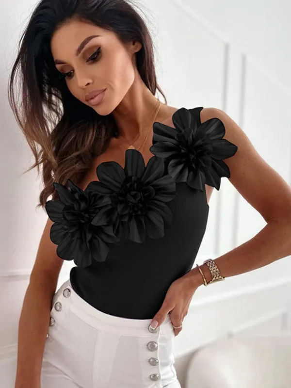 Three-dimensional flower one-shoulder top