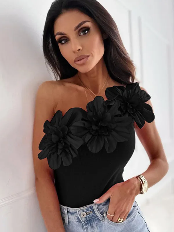 Three-dimensional flower one-shoulder top