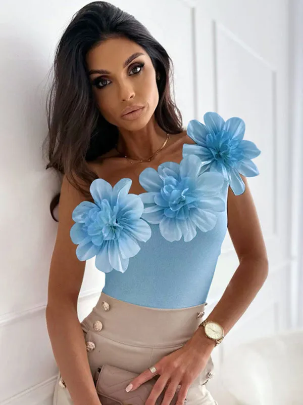 Three-dimensional flower one-shoulder top