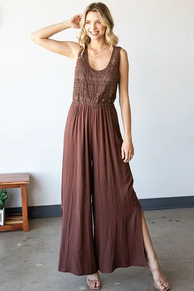 Tie Back Sleeveless Slit Wide Leg Jumpsuit