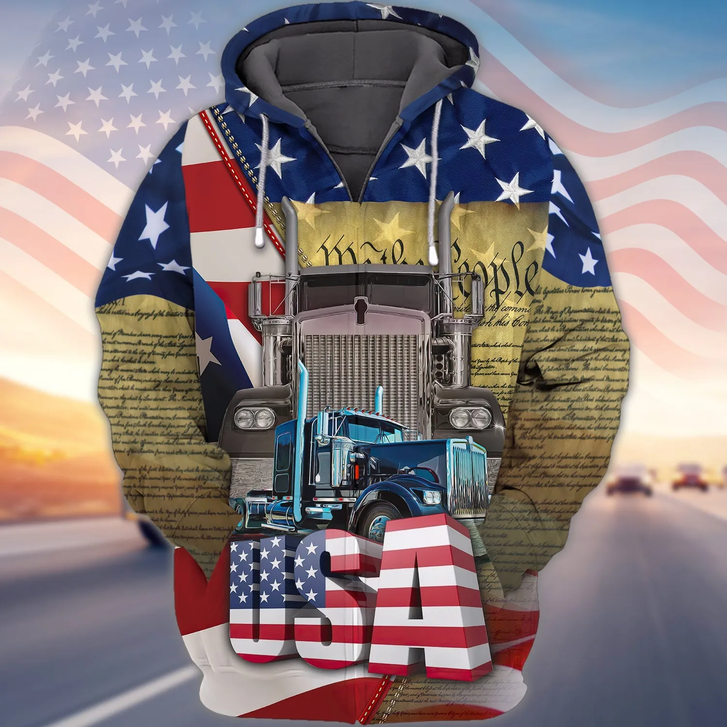 Trucker USA Flag Pattern 3D Sweatshirt Hoodie Bomber, Christmas Gift for Trucker Driver