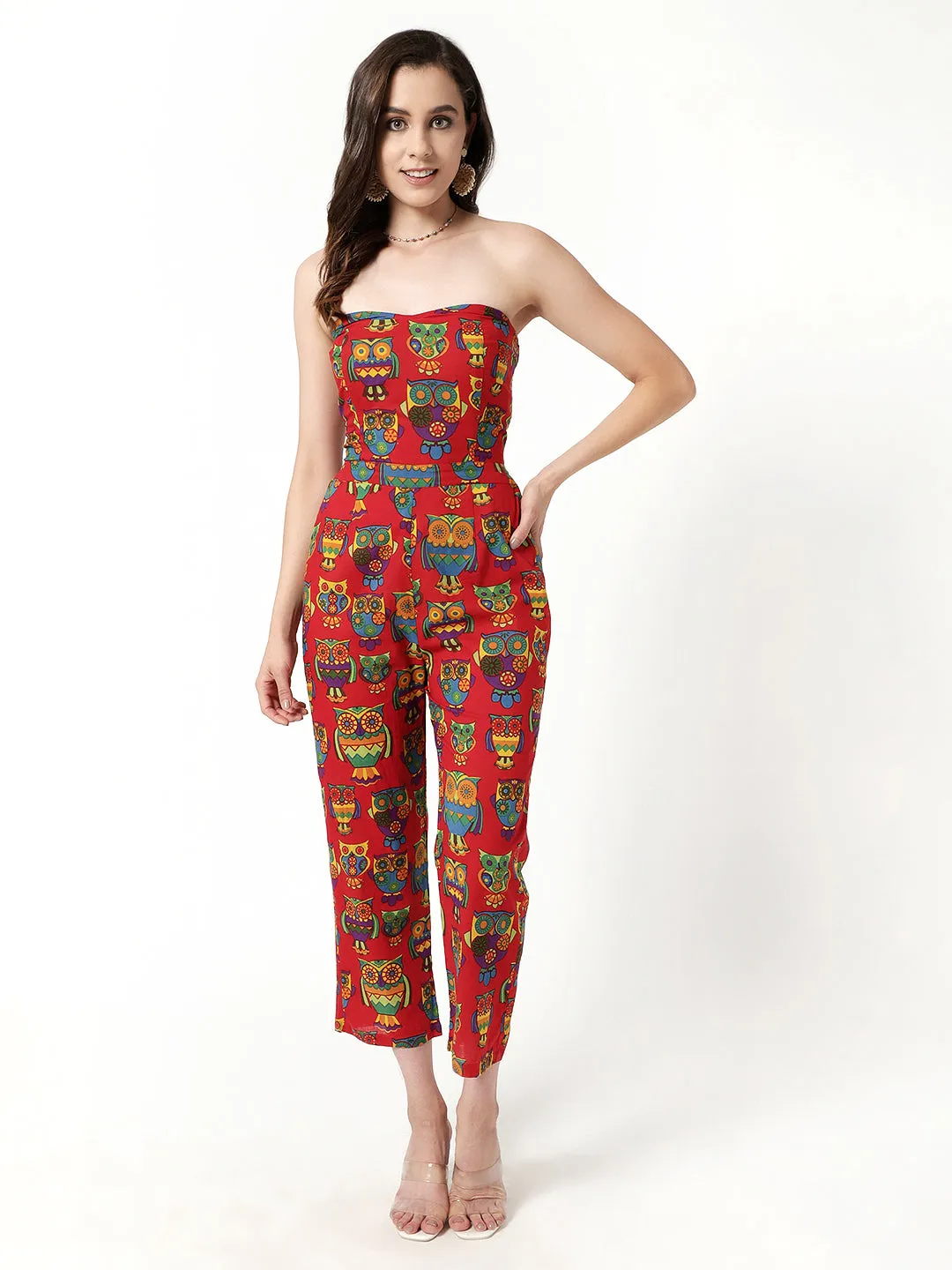 Tube Neck Owl Printed Jumpsuit