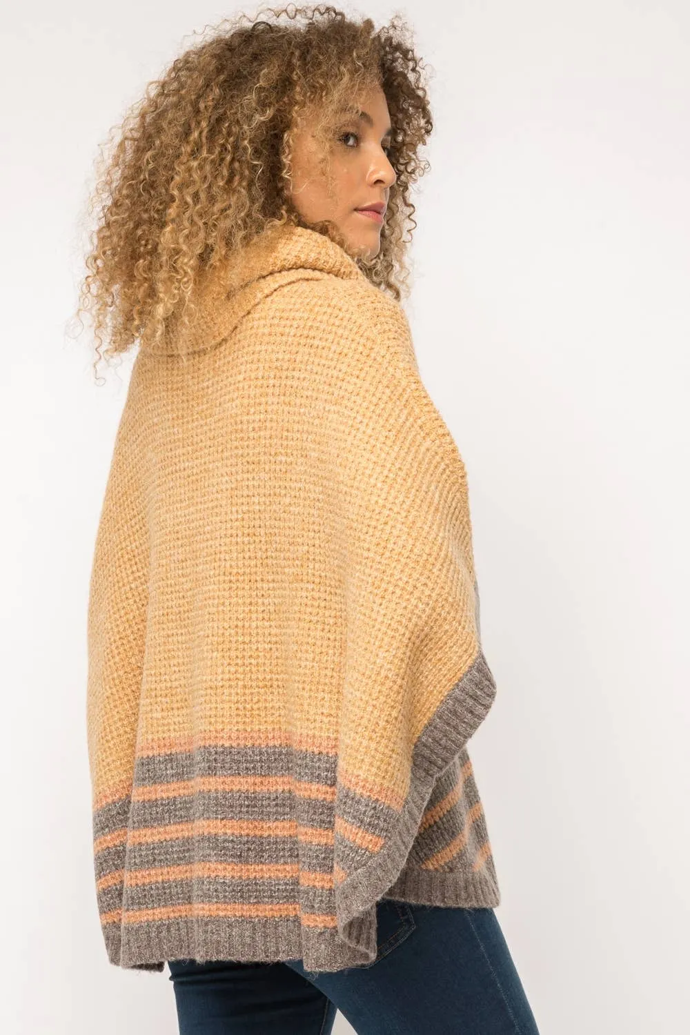 Turtle Neck Poncho in Mustard with Grey/Rust Stripes