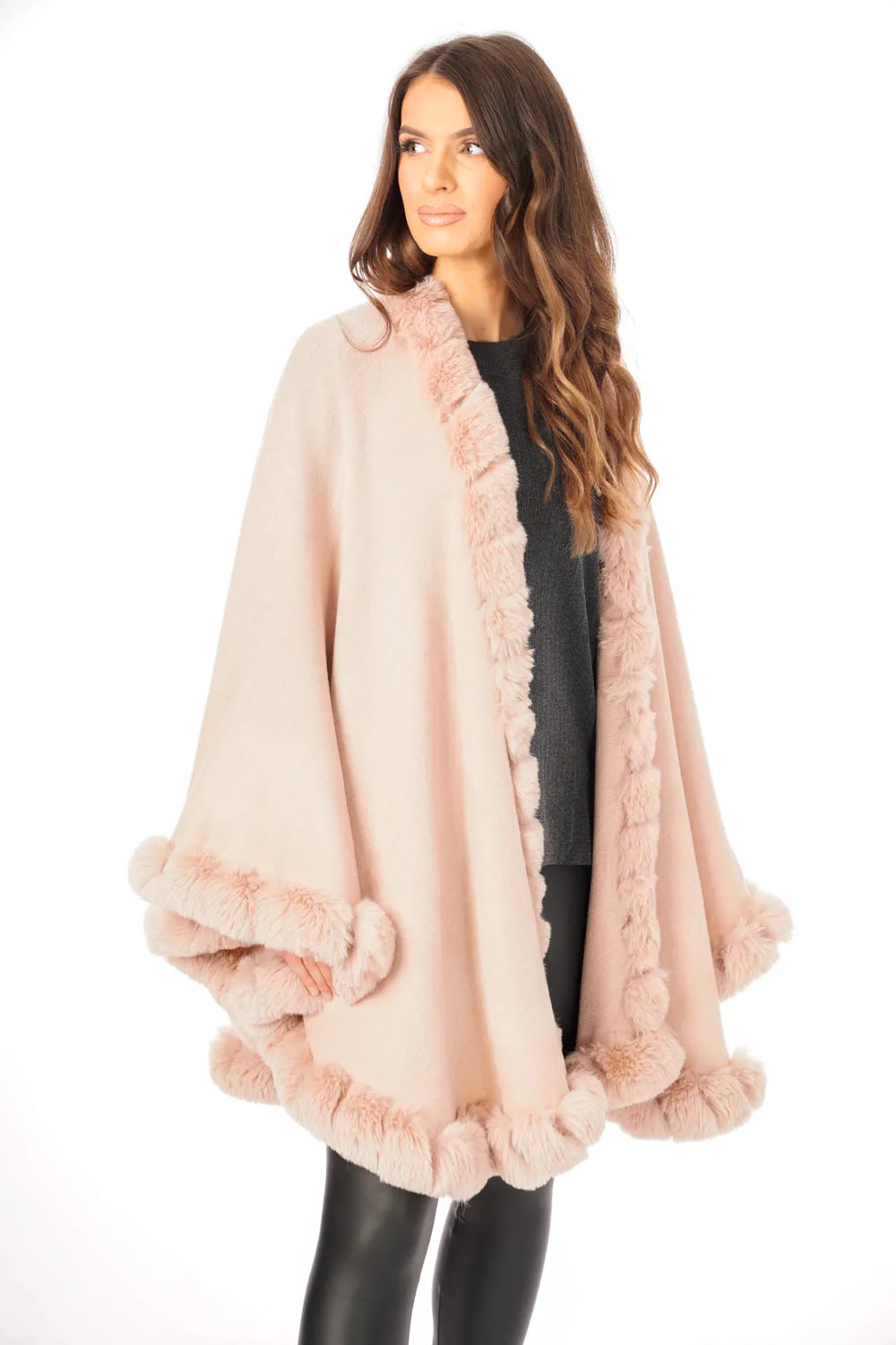 Ultra Soft Faux Fur Trim Swing Poncho Cape