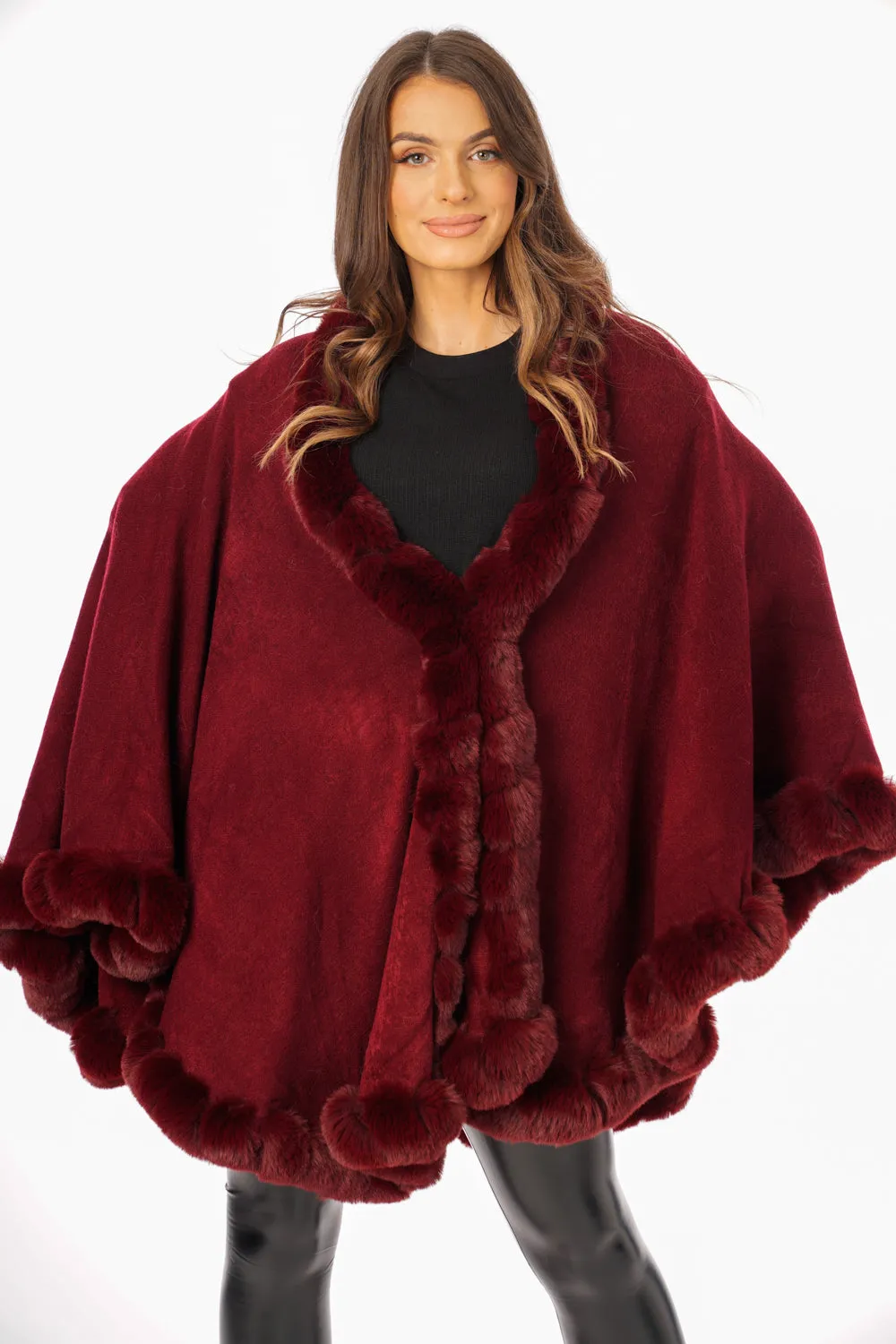 Ultra Soft Faux Fur Trim Swing Poncho Cape