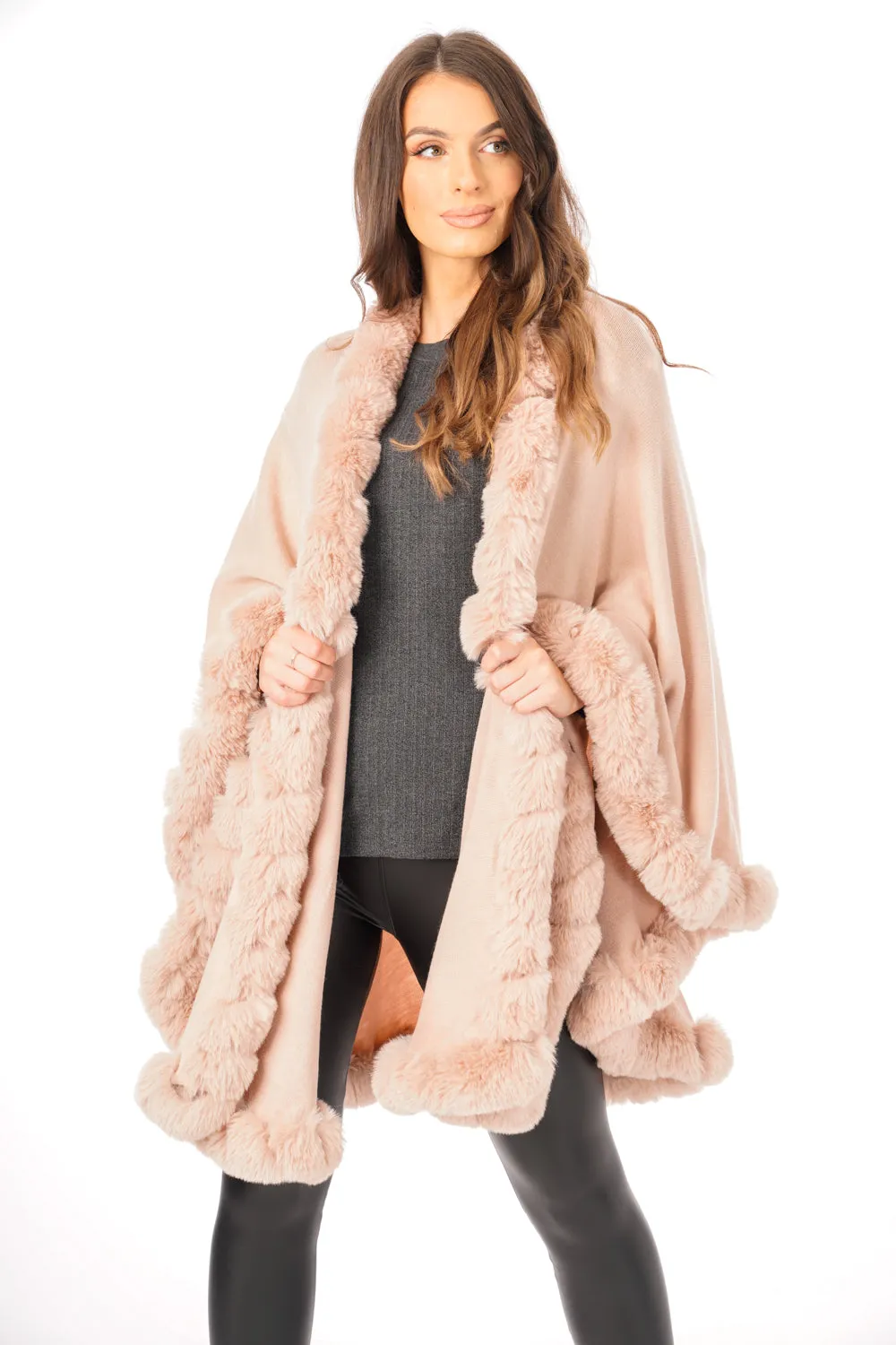 Ultra Soft Faux Fur Trim Swing Poncho Cape