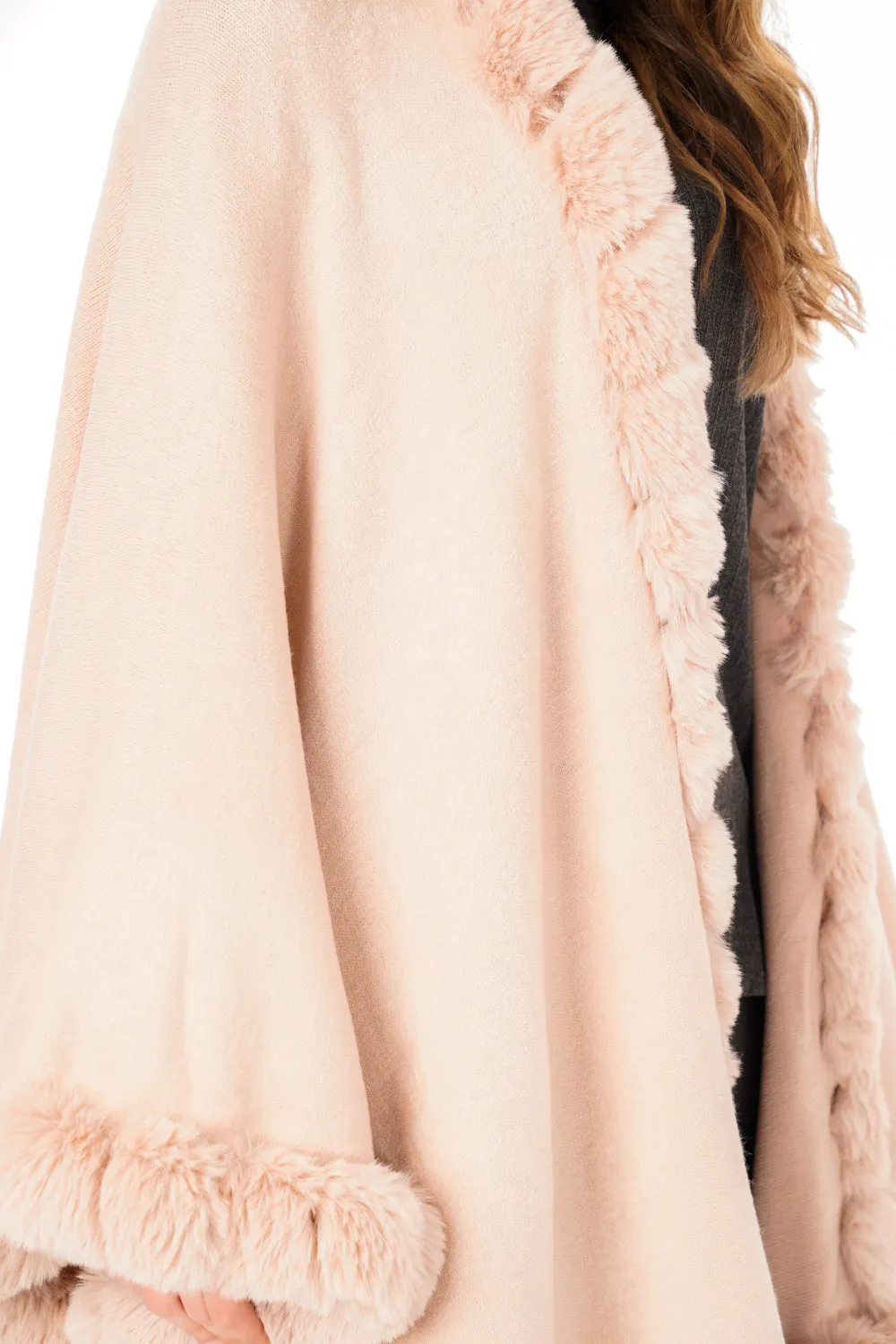 Ultra Soft Faux Fur Trim Swing Poncho Cape