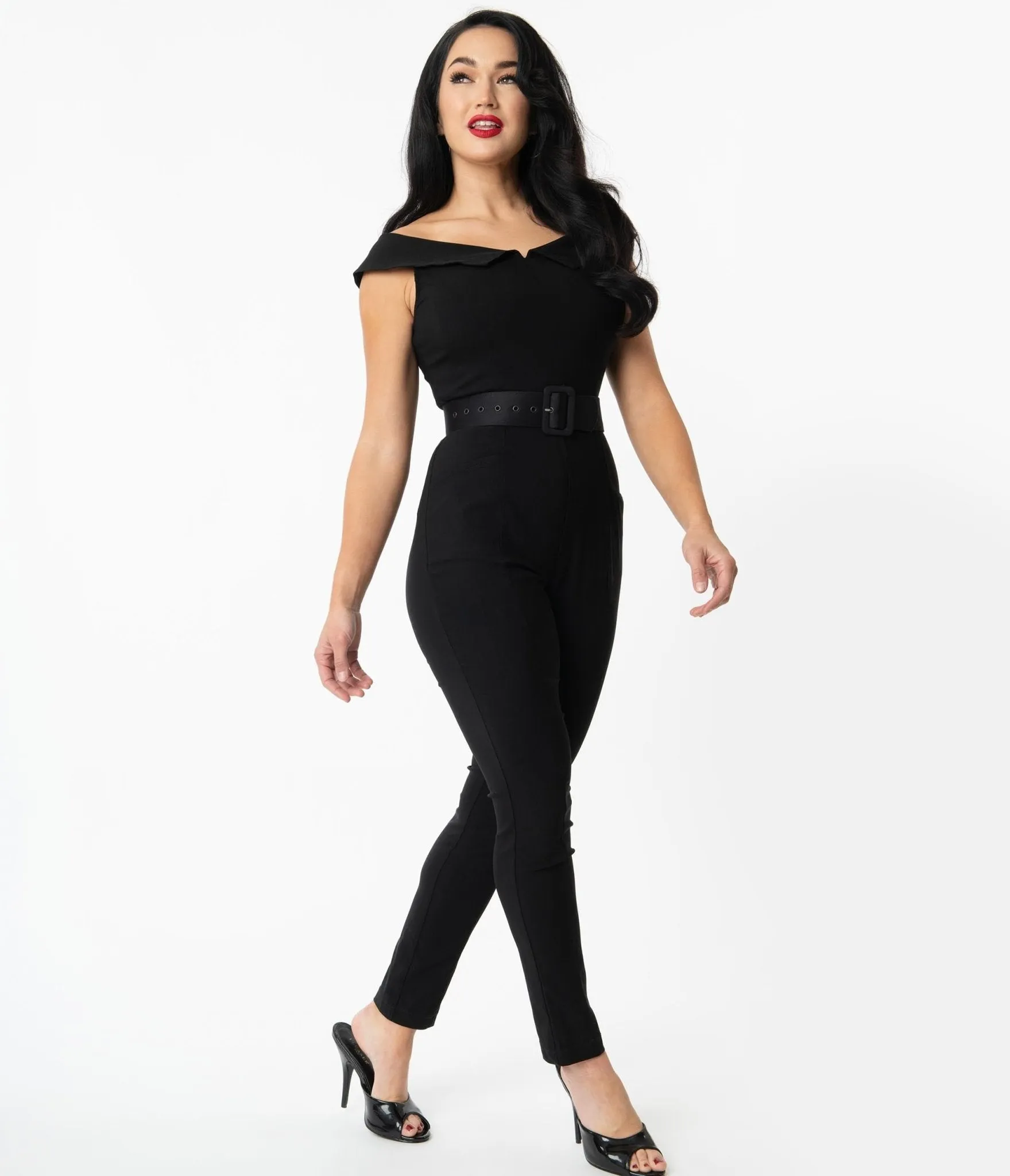 Unique Vintage Black Off Shoulder Gillian Jumpsuit