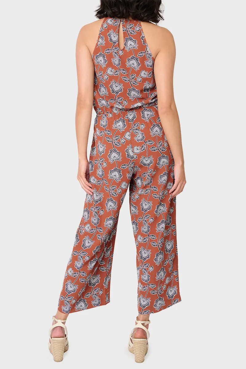 Villa Mia Toasted Cinnamon Poppy Print Henley Jumpsuit