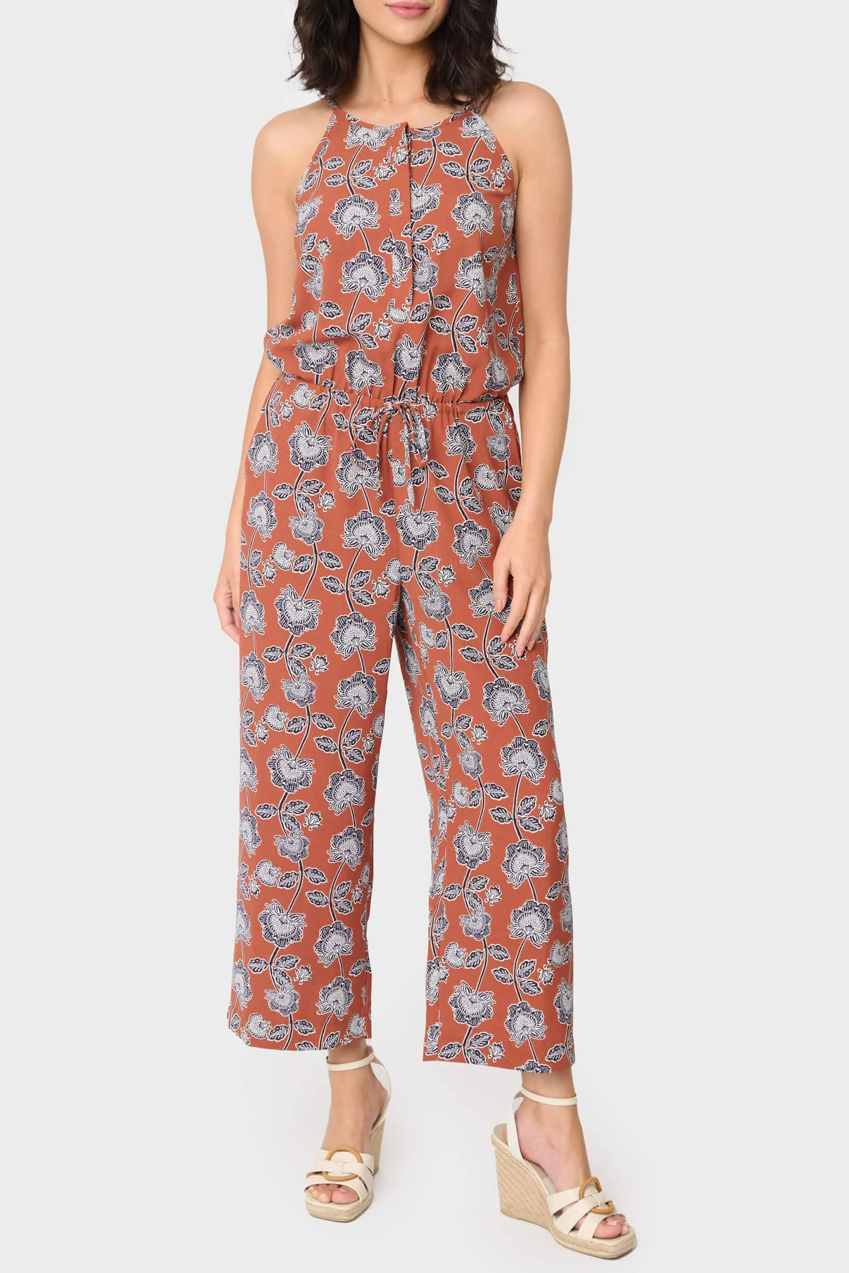 Villa Mia Toasted Cinnamon Poppy Print Henley Jumpsuit