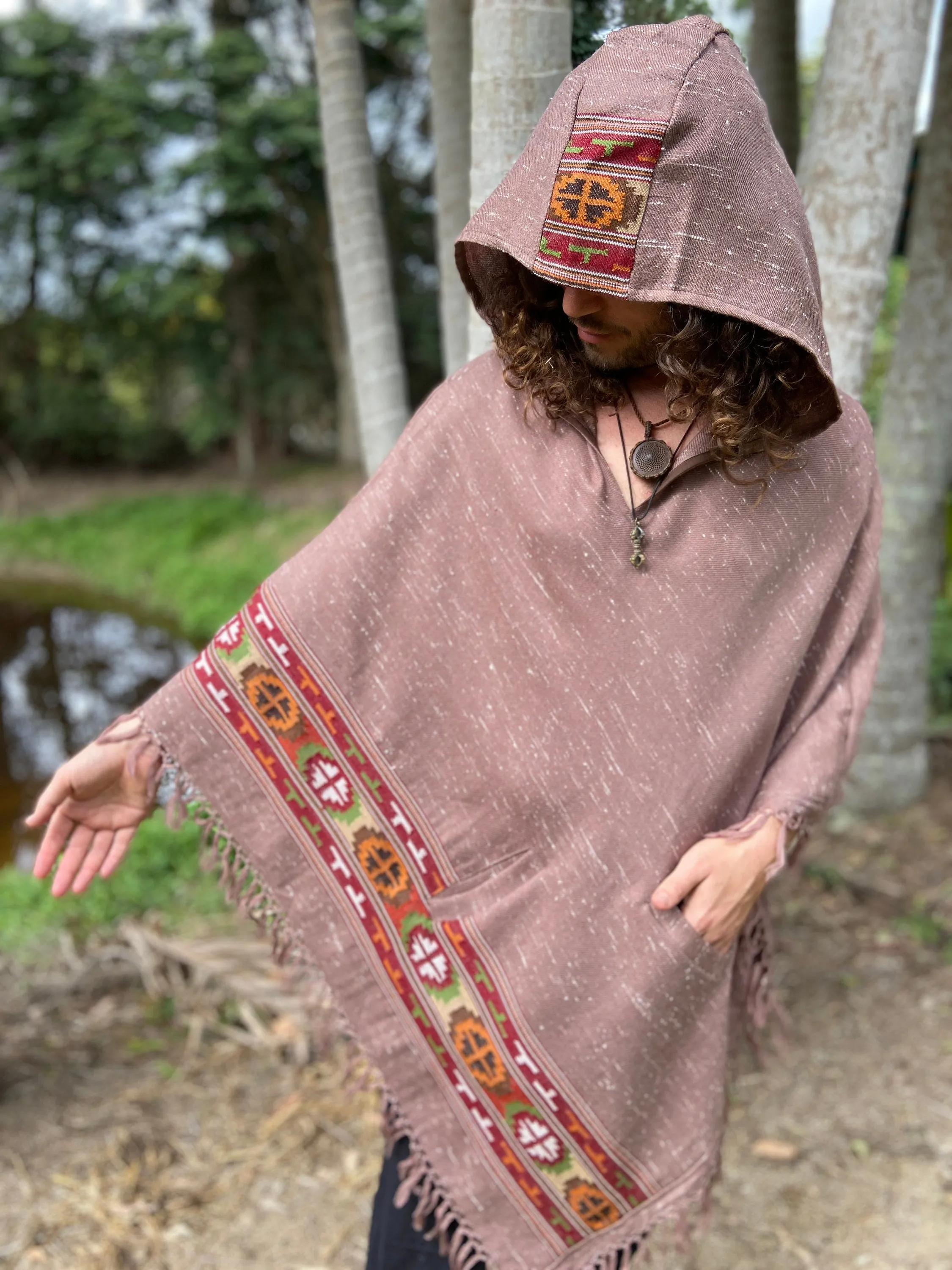 VIRIYA Hooded Poncho Salomon Pink Handwoven Wool Premium Pure Cashmere Hood Zen Embroidery Boho Gypsy Festival Mexican Aztec Celtic AJJAYA