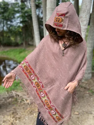 VIRIYA Hooded Poncho Salomon Pink Handwoven Wool Premium Pure Cashmere Hood Zen Embroidery Boho Gypsy Festival Mexican Aztec Celtic AJJAYA