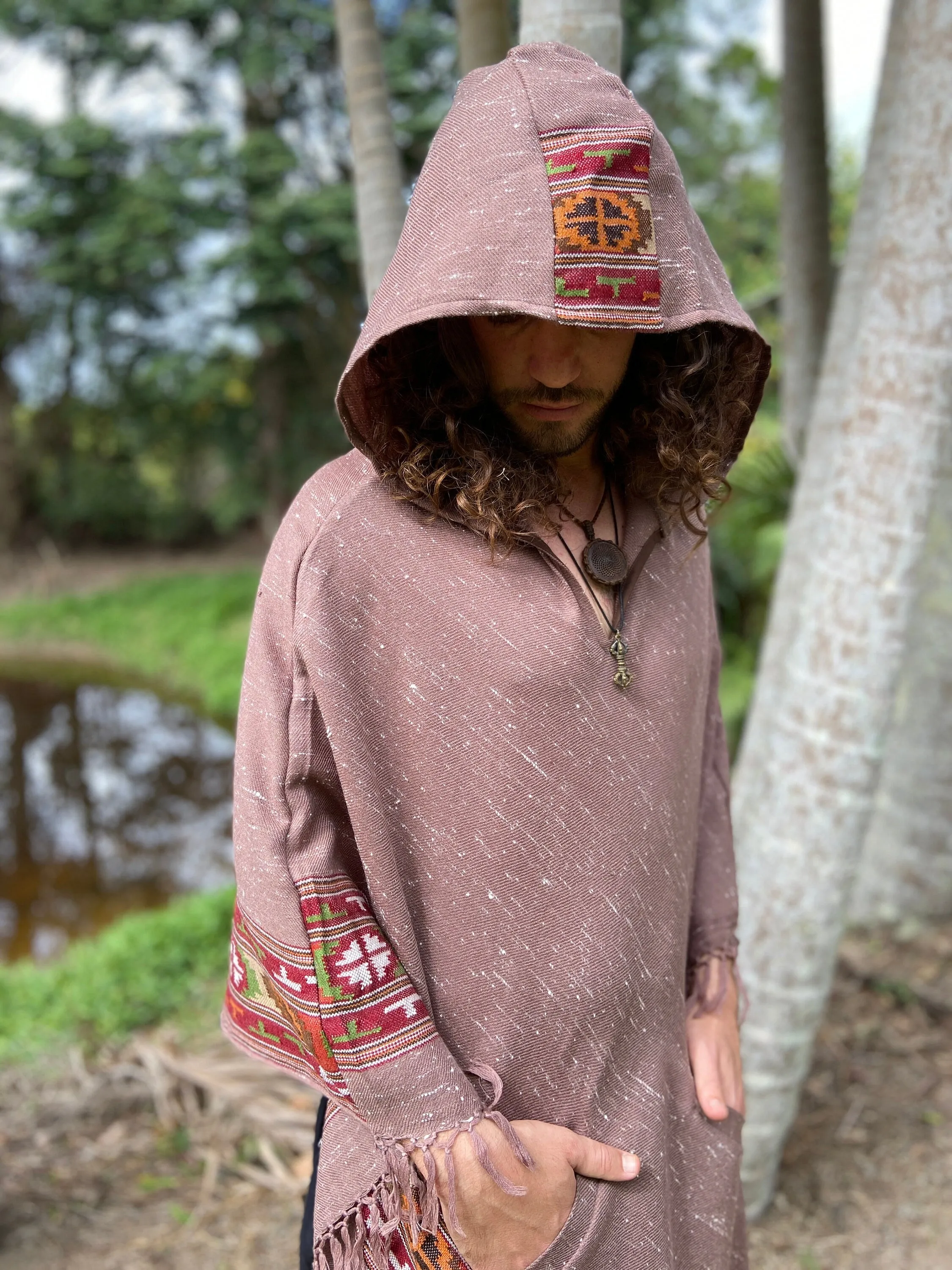 VIRIYA Hooded Poncho Salomon Pink Handwoven Wool Premium Pure Cashmere Hood Zen Embroidery Boho Gypsy Festival Mexican Aztec Celtic AJJAYA