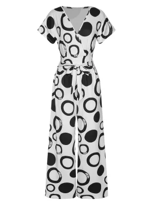 White 1940s Polka Dots & Circles V-Neck Jumpsuit