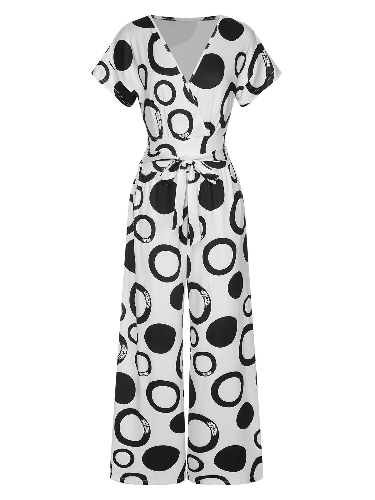 White 1940s Polka Dots & Circles V-Neck Jumpsuit