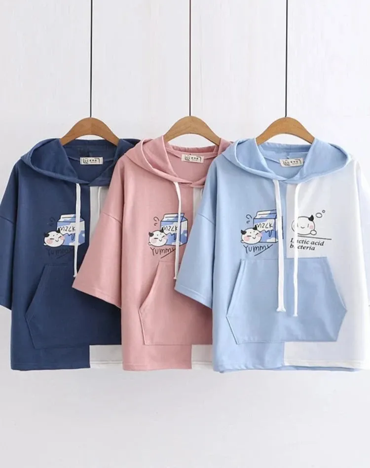 Women Cartoon Print Funny Hooded Sweatshirts Short Sleeve Patchwork Hit Color Hoodie Loose Pullovers Tracksuit With Pocket