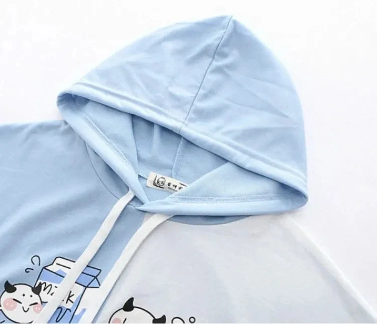 Women Cartoon Print Funny Hooded Sweatshirts Short Sleeve Patchwork Hit Color Hoodie Loose Pullovers Tracksuit With Pocket