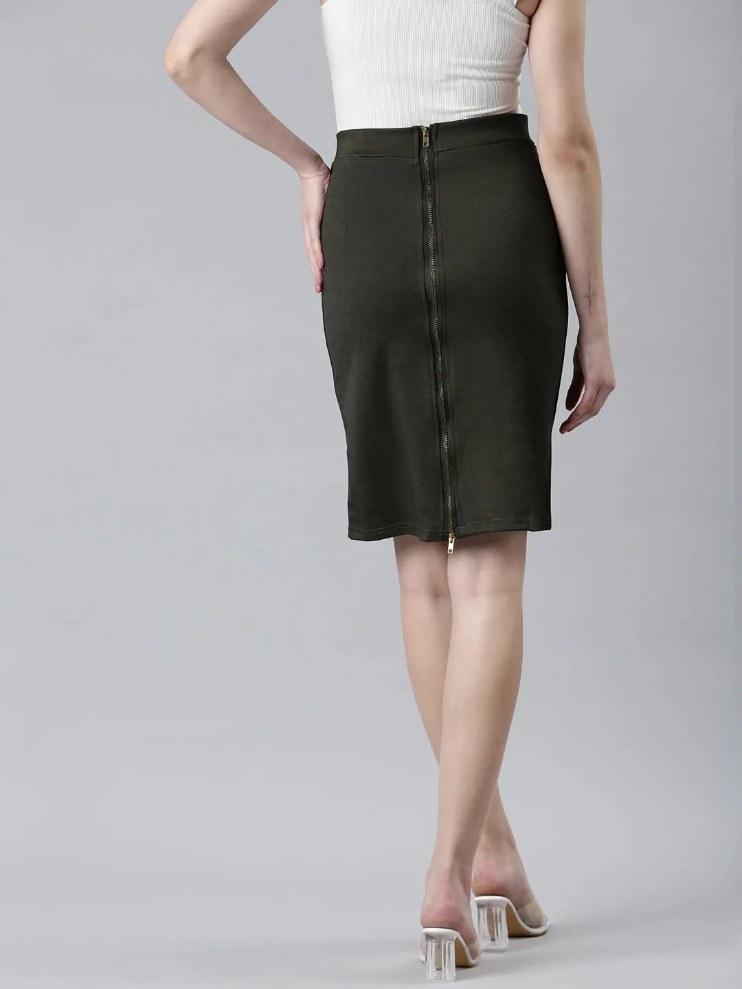 Women Olive Solid Pencil Skirt