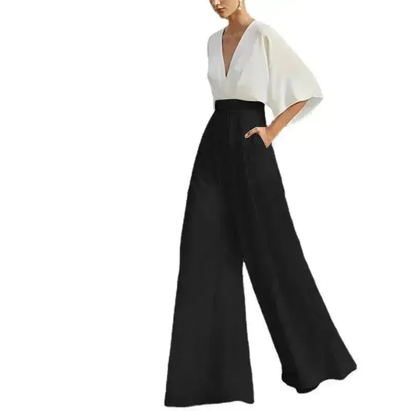 Women's Deep V High Waist Wide Leg Jumpsuit