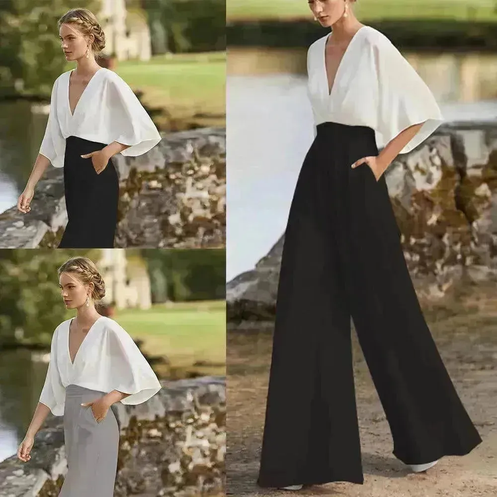 Women's Deep V High Waist Wide Leg Jumpsuit