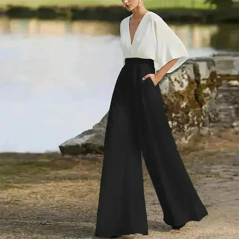 Women's Deep V High Waist Wide Leg Jumpsuit