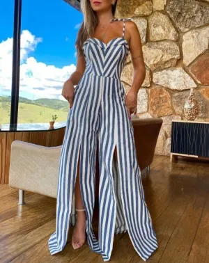 Women's Jumpsuit 2023 Spring Fashion Striped Print Split Thigh Casual Sweetheart Neck Daily Wide Leg Tied Detail Long Jumpsuit