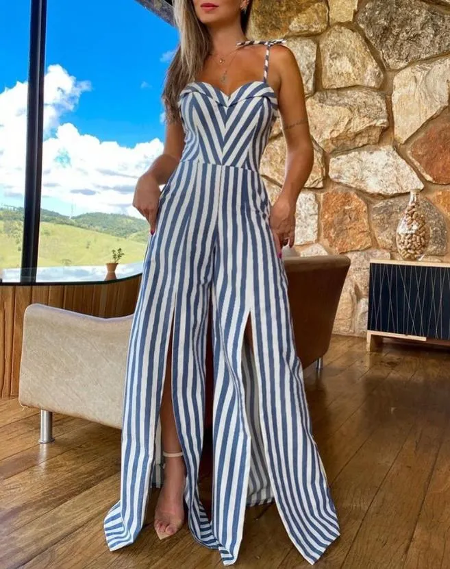 Women's Jumpsuit 2023 Spring Fashion Striped Print Split Thigh Casual Sweetheart Neck Daily Wide Leg Tied Detail Long Jumpsuit