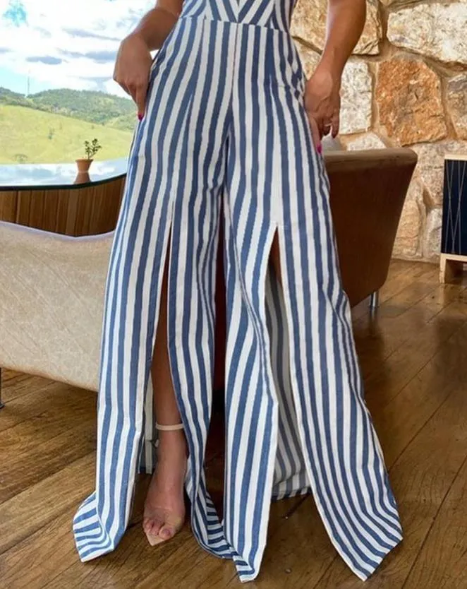 Women's Jumpsuit 2023 Spring Fashion Striped Print Split Thigh Casual Sweetheart Neck Daily Wide Leg Tied Detail Long Jumpsuit