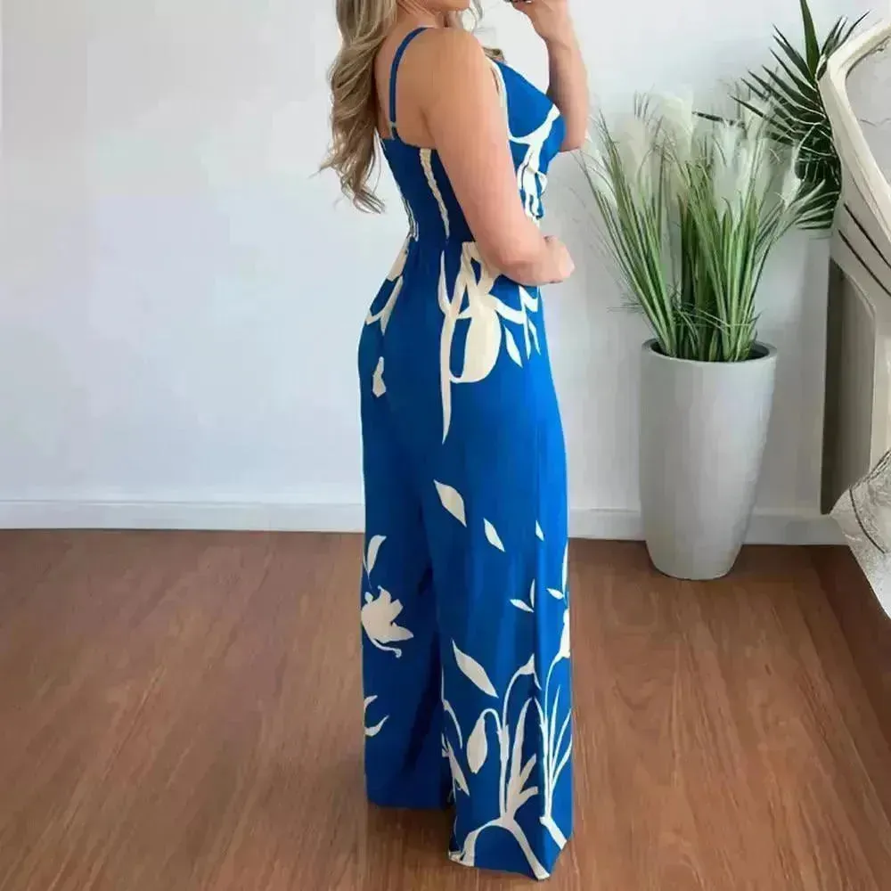 Women's Printed Suspender Waist Wide-leg Jumpsuit