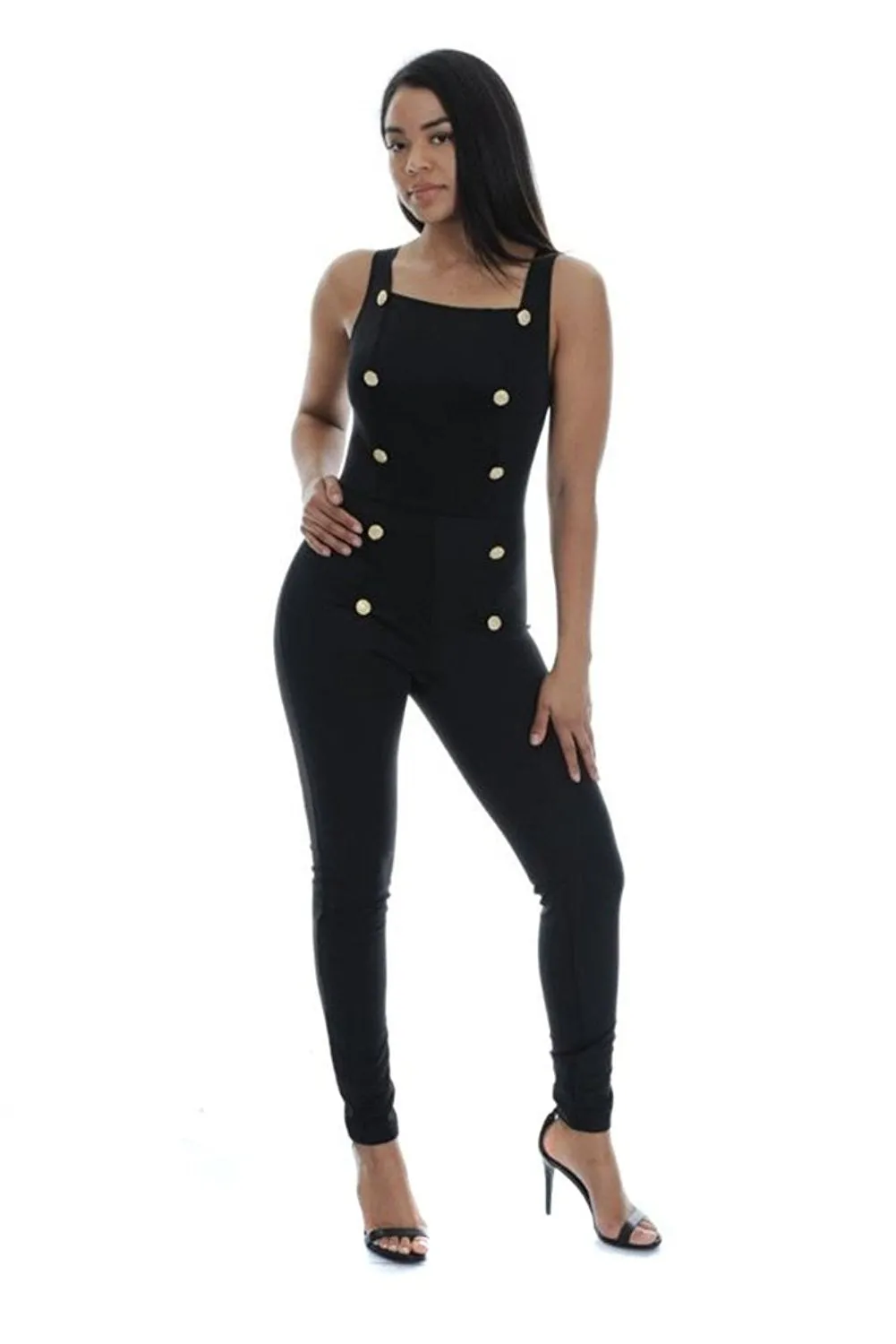 Womens Solid Button Detailed Fitted Nautical Jumpsuit Romper