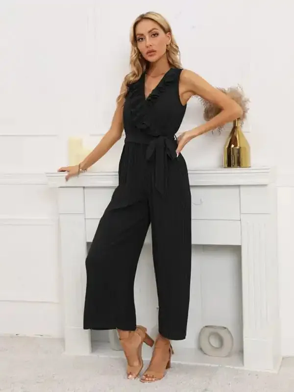 Women’s Solid Color Ruffle Rim Waist Tie Jumpsuit