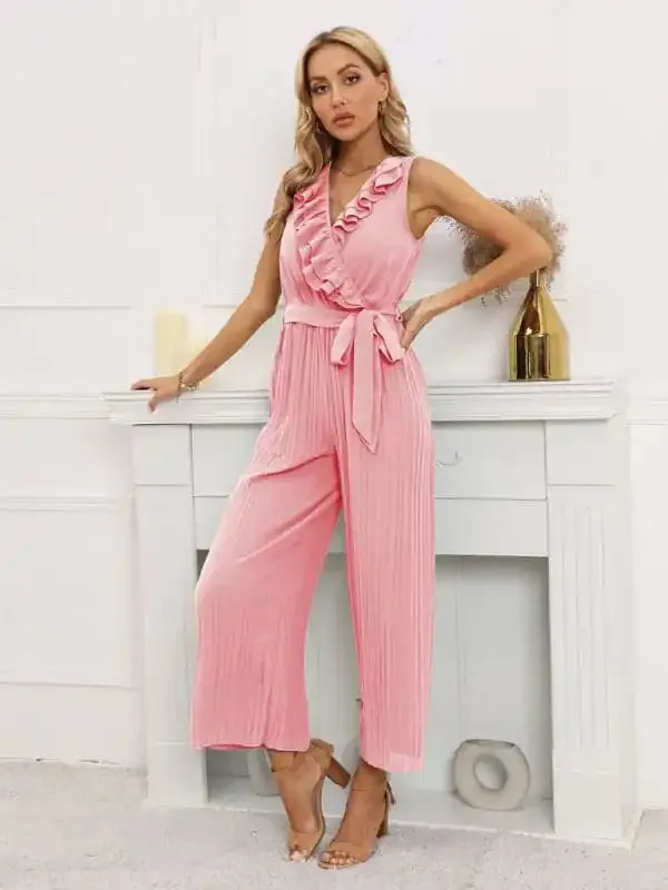 Women’s Solid Color Ruffle Rim Waist Tie Jumpsuit