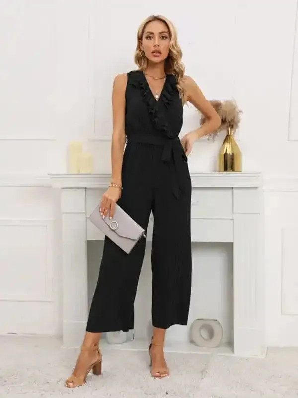 Women’s Solid Color Ruffle Rim Waist Tie Jumpsuit