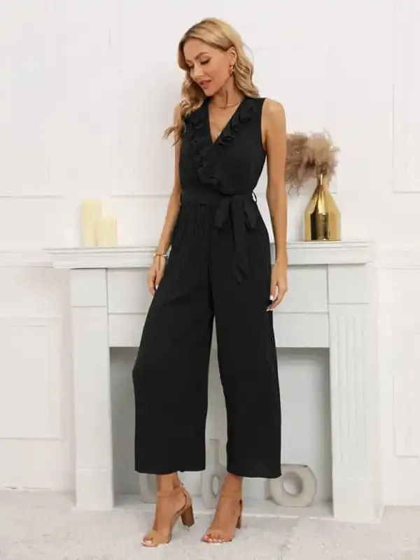 Women’s Solid Color Ruffle Rim Waist Tie Jumpsuit