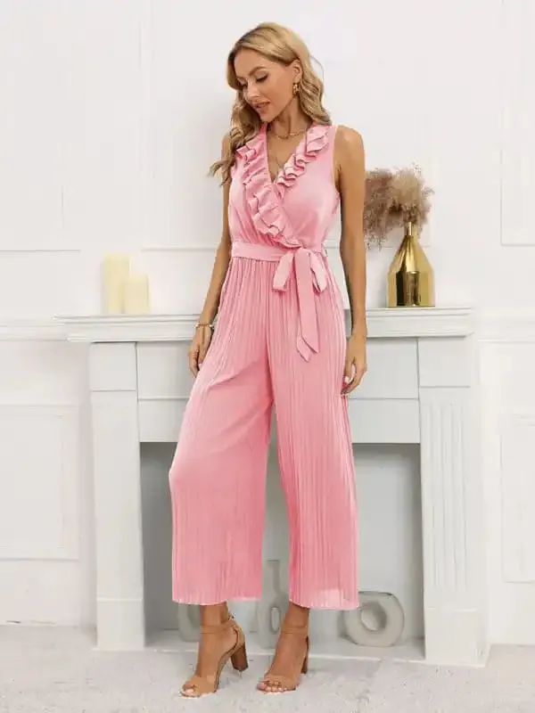 Women’s Solid Color Ruffle Rim Waist Tie Jumpsuit