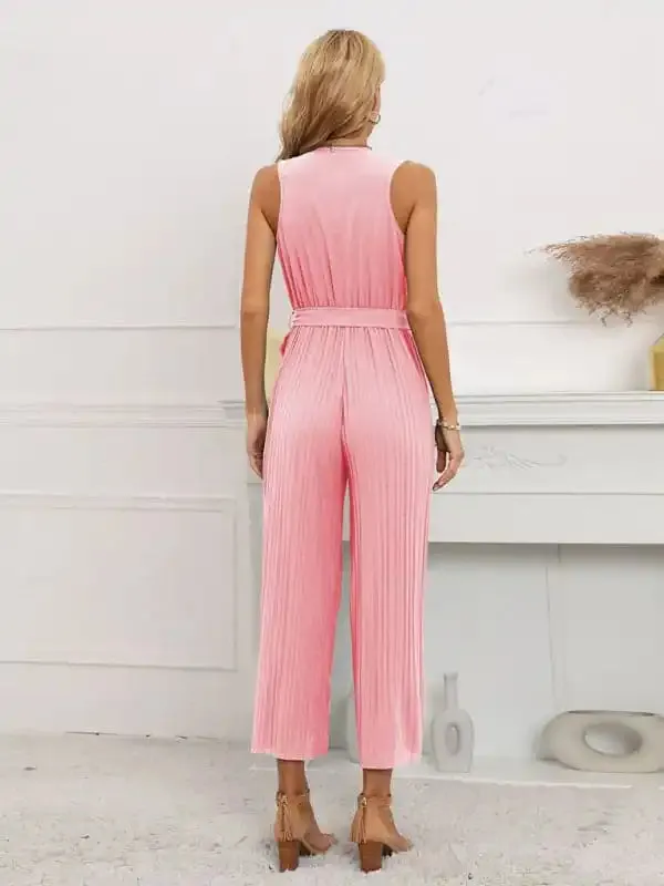 Women’s Solid Color Ruffle Rim Waist Tie Jumpsuit