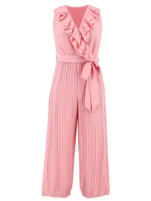 Women’s Solid Color Ruffle Rim Waist Tie Jumpsuit