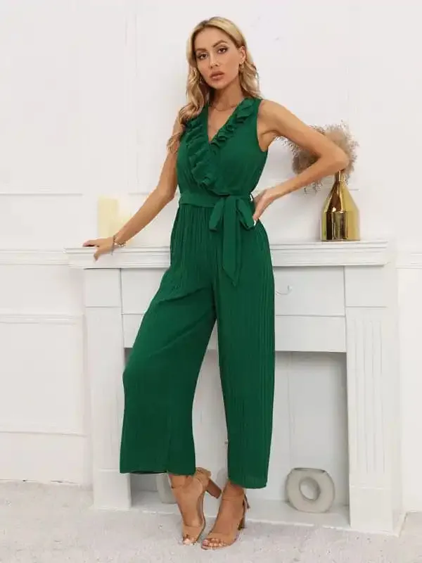 Women’s Solid Color Ruffle Rim Waist Tie Jumpsuit