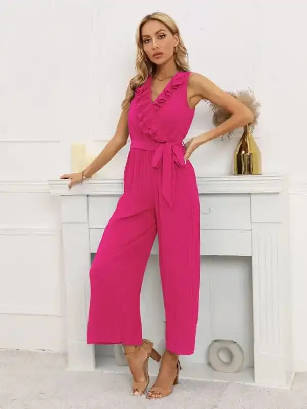 Women’s Solid Color Ruffle Rim Waist Tie Jumpsuit