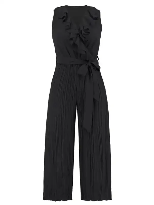 Women’s Solid Color Ruffle Rim Waist Tie Jumpsuit