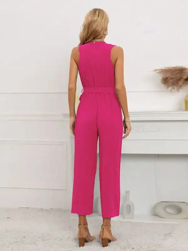 Women’s Solid Color Ruffle Rim Waist Tie Jumpsuit