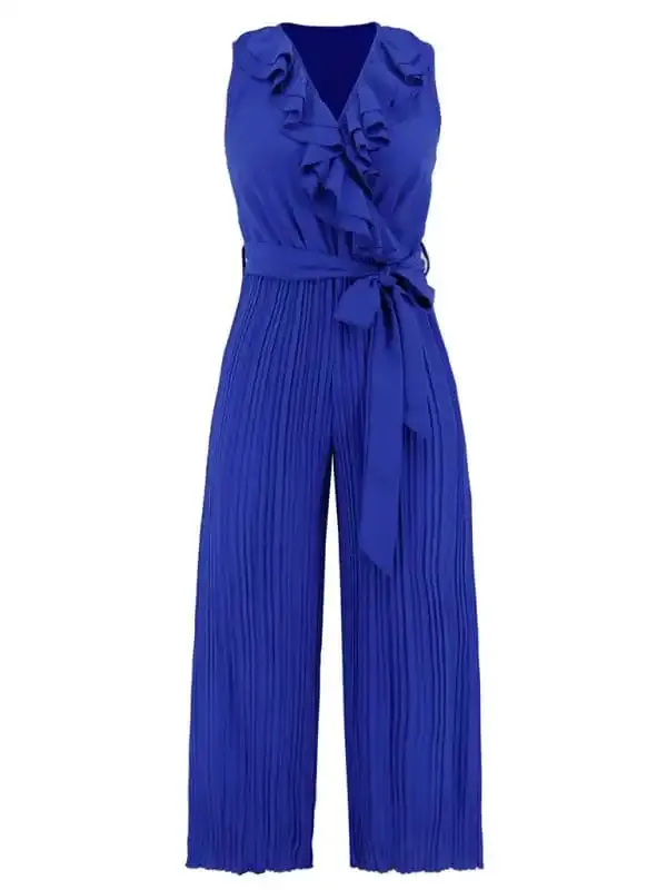 Women’s Solid Color Ruffle Rim Waist Tie Jumpsuit