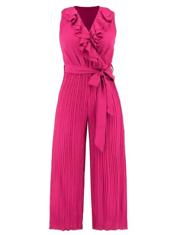 Women’s Solid Color Ruffle Rim Waist Tie Jumpsuit