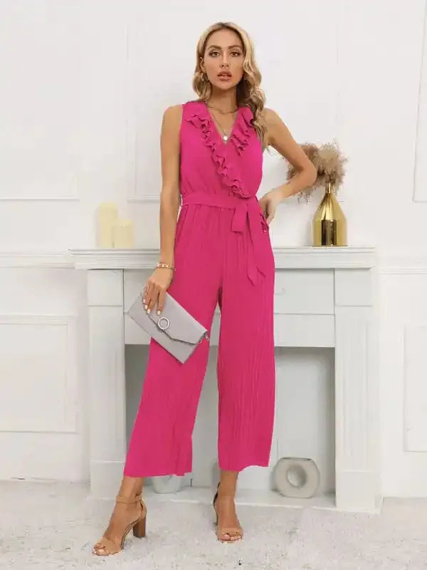 Women’s Solid Color Ruffle Rim Waist Tie Jumpsuit